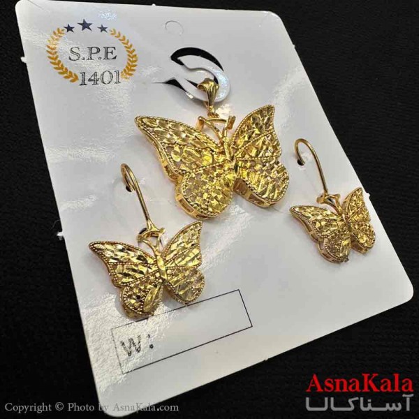 نیم ست زنانه شامل گردنبند و گوشواره  طلاروس مدل پروانه طلایی کد NIM14708W