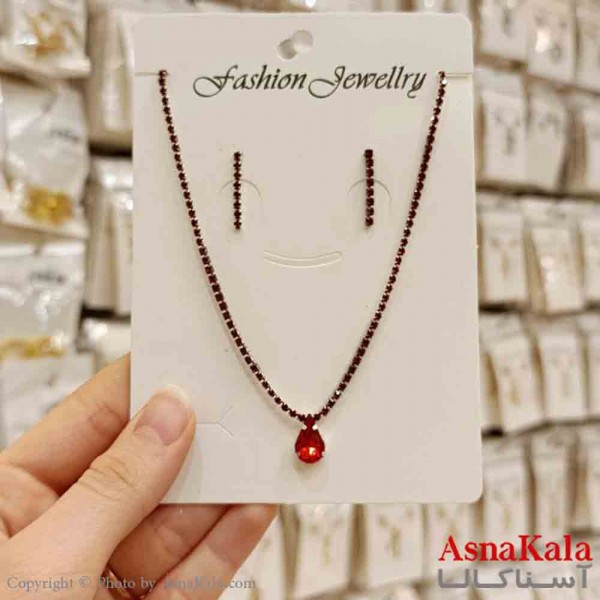 نیم ست تنیسی شامل گردنبند و گوشواره استیل مدل نگین قرمز کد NIM14731W