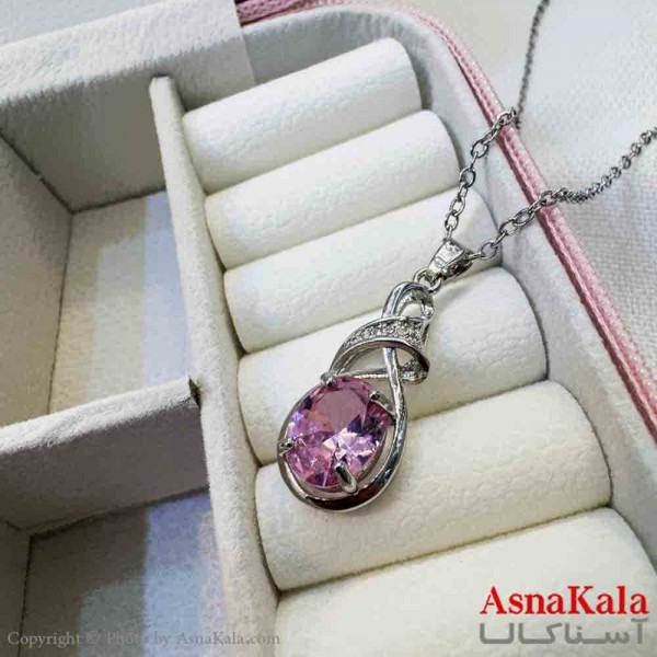 گردنبند دخترانه پینترستی استیل مدل پیچی نگین صورتی کد GNB161426W