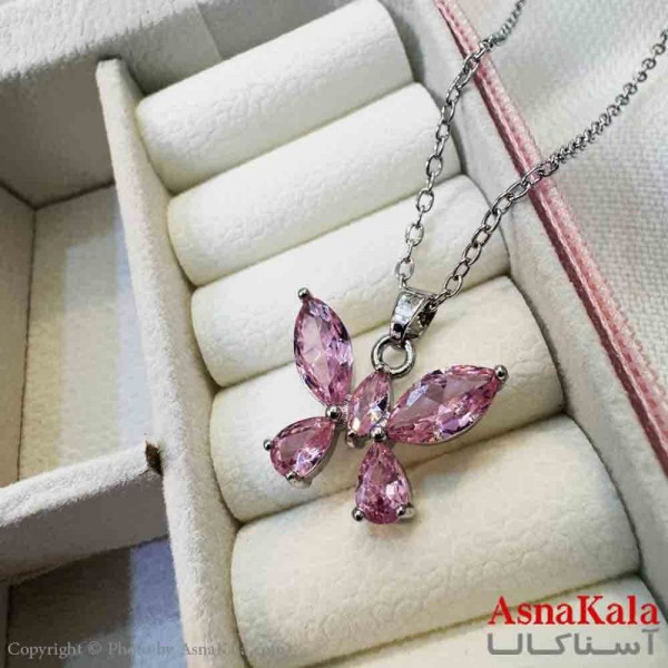 گردنبند دخترانه پینترستی استیل مدل پروانه نگین صورتی کد GNB161427W