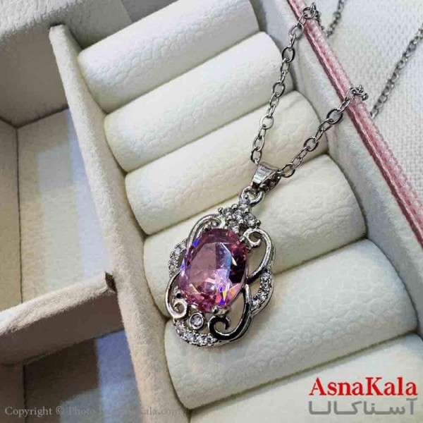 گردنبند دخترانه پینترستی استیل مدل نگین صورتی طرحدار کد GNB161432W