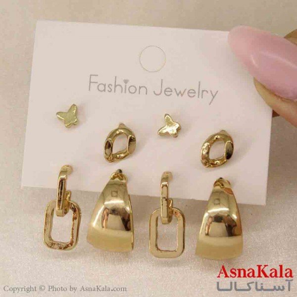 گوشواره زنانه استیل پک 4جفتی مدل مینیمال طلایی کد GSH151242W