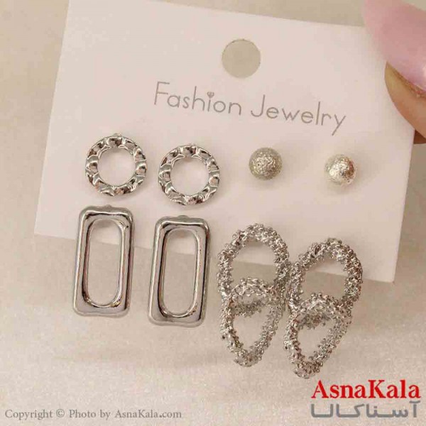 گوشواره زنانه استیل پک 4جفتی مدل نقره ای  کد GSH151245W