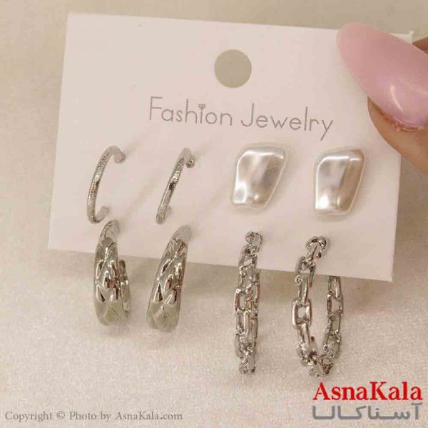 گوشواره زنانه استیل پک 4جفتی مدل مینیمال نقره ای  کد GSH151246W