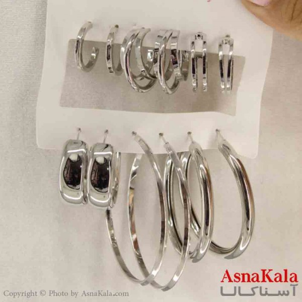 گوشواره زنانه استیل پک 6جفتی مدل حلقه ای نقره ای  کد GSH151254W