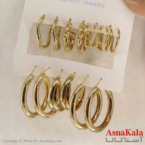 گوشواره زنانه استیل پک 6جفتی مدل حلقه ای طلایی  کد GSH151256W