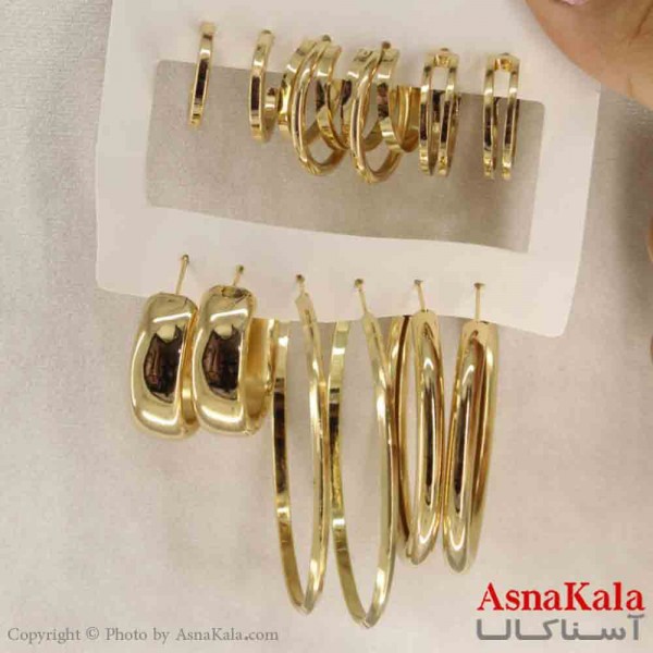 گوشواره زنانه استیل پک 6جفتی مدل حلقه ای مینیمال طلایی  کد GSH151258W