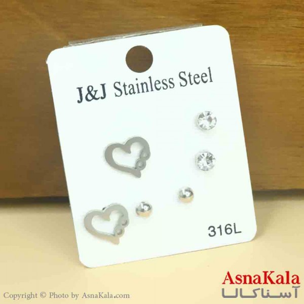 گوشواره زنانه استیل پک 3جفتی مدل میخی قلبی  کد GSH151277W
