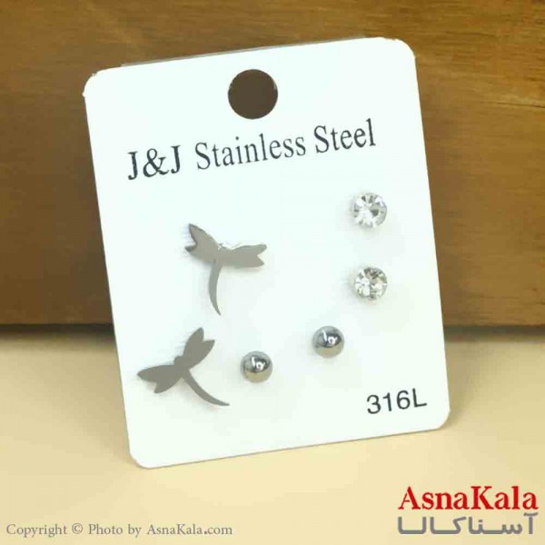 گوشواره زنانه استیل پک 3جفتی مدل میخی سنجاقک  کد GSH151278W