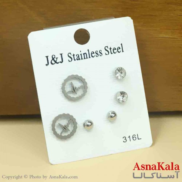 گوشواره زنانه استیل پک 3جفتی مدل میخی ضربان کد GSH151279W