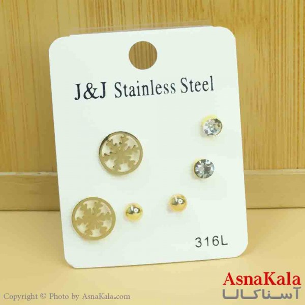 گوشواره زنانه استیل پک 3جفتی مدل میخی برف کد GSH151281W