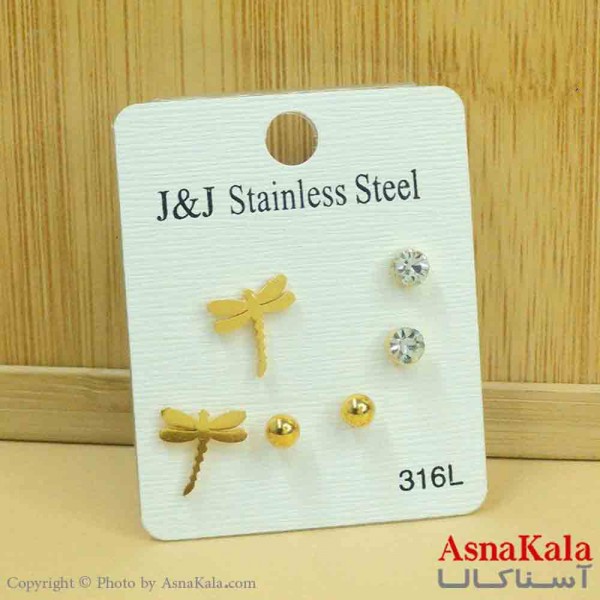 گوشواره زنانه استیل پک 3جفتی مدل میخی طلایی کد GSH151283W