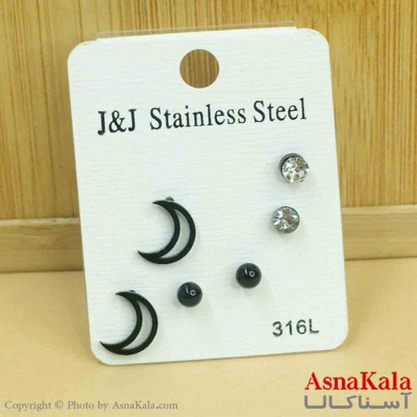 گوشواره زنانه استیل پک 3جفتی مدل میخی مشکی کد GSH151284W