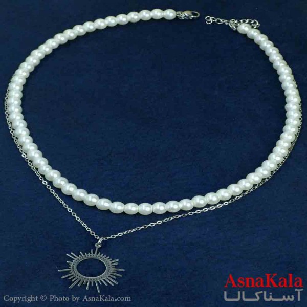 گردنبند دخترانه پینترستی استیل مدل دو لاین خورشید و مروارید کد GNB161456W