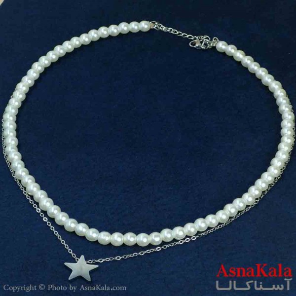 گردنبند دخترانه پینترستی استیل مدل دو لاین مروارید و ستاره کد GNB161458W