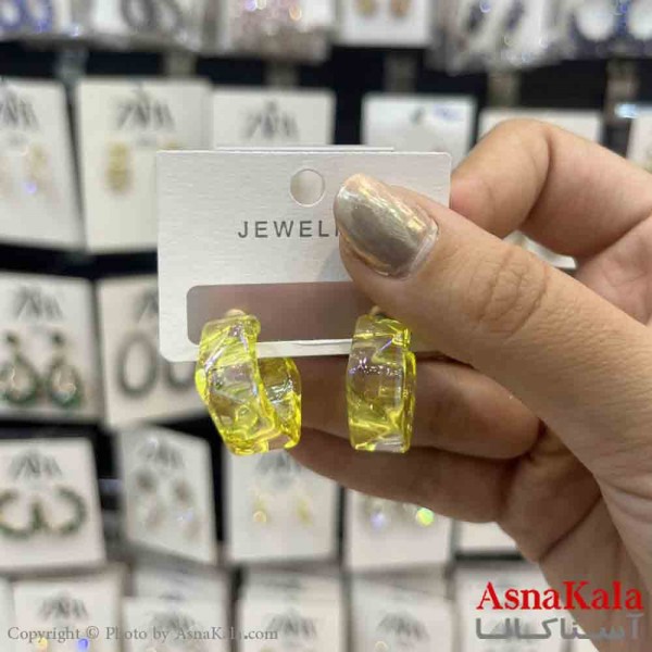 گوشواره استیل  فانتزی دخترانه مدل گرد شیشه ای زرد کد GSH151335W