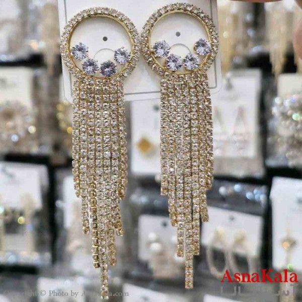 گوشواره استیل شیک دخترانه مدل آویز نگین طلایی کد GSH151342W