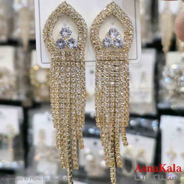 گوشواره استیل شیک دخترانه مدل آویز نگین طلایی کد GSH151343W