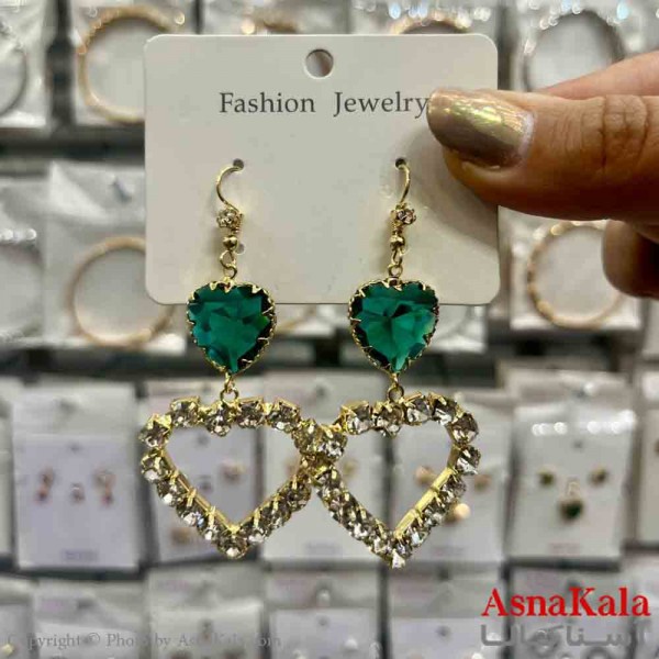 گوشواره استیل شیک دخترانه مدل قلب نگین سبز کد GSH151368W