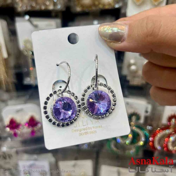 گوشواره استیل شیک دخترانه مدل آویز گرد نگینی  کد GSH151385W