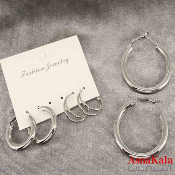 گوشواره زنانه استیل پک 3جفتی مدل مینیمال حلقه ای کد GSH151395W