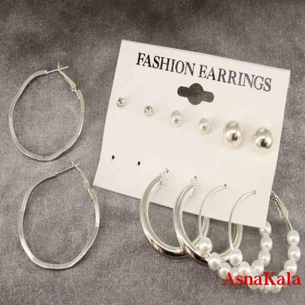 گوشواره زنانه استیل پک 6جفتی مدل مینیمال نقره ای کد GSH151396W