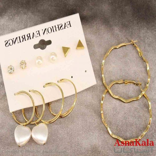 گوشواره زنانه استیل پک 6جفتی مدل آویزی طلایی  کد GSH151405W