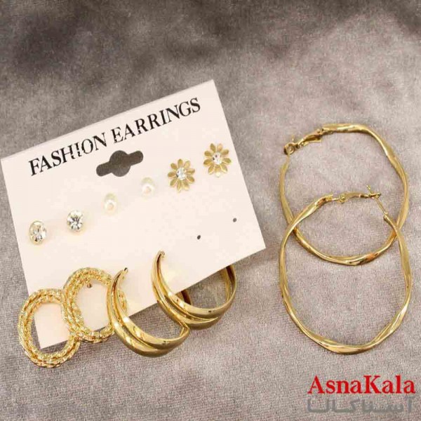 گوشواره زنانه استیل پک 6جفتی مدل مینیمال طلایی  کد GSH151406W