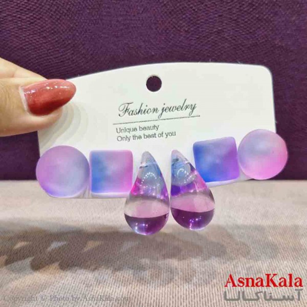 گوشواره زنانه استیل پک 3جفتی مدل شیشه ای آبی  کد GSH151419W