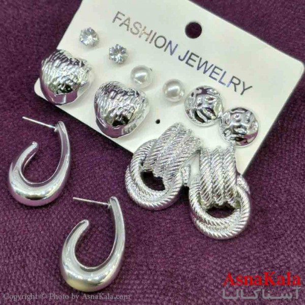 گوشواره زنانه استیل پک 6جفتی مدل مینیمال نقره ای کد GSH151440W