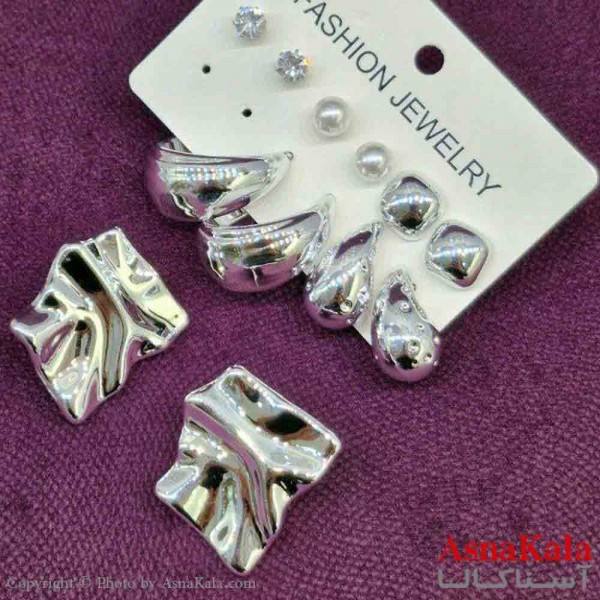 گوشواره زنانه استیل پک 6جفتی مدل مینیمال نقره ای کد GSH151442W