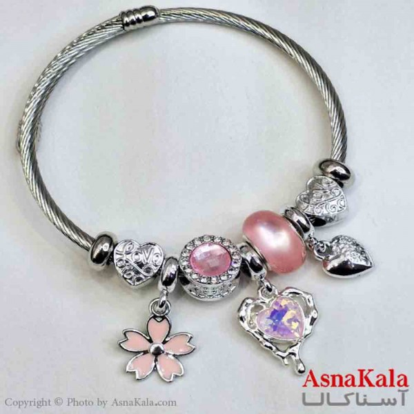 دستبند دخترانه پاندورا استیل مدل قلب صورتی کد DSB181031W