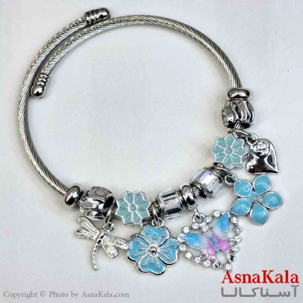 دستبند دخترانه پاندورا استیل مدل قلب آبی کد DSB181033W