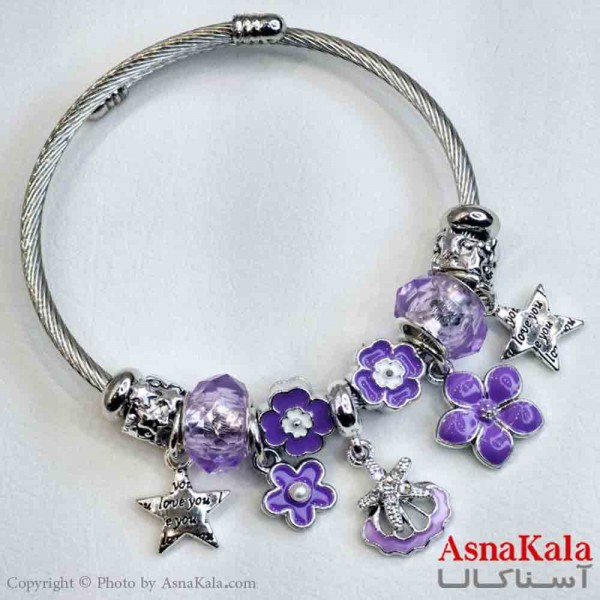 دستبند دخترانه پاندورا استیل مدل گل بنفش کد DSB181039W