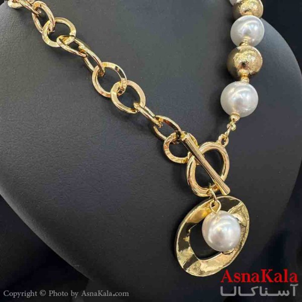گردنبند دخترانه پینترستی استیل مدل مرواریدی قفل تی  کد GNB161537W
