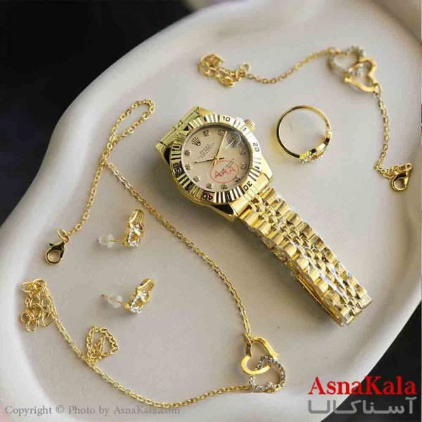 ساعت زنانه رولکس به همراه گوشواره گردنبند و انگشتر و دستبند کد WTCH11288W