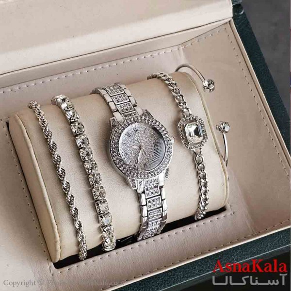 ساعت مچی زنانه فول نگین طرح یونانی همراه 4عدد دستبند موتور کوارتز کد WTCH11291W