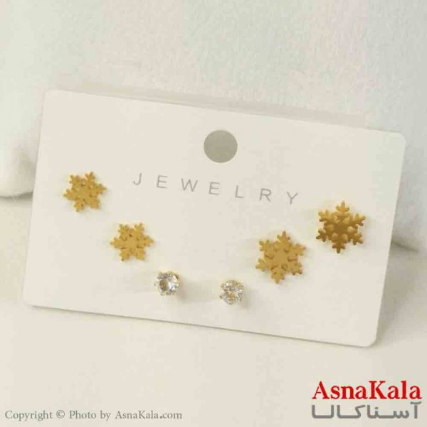 گوشواره زنانه استیل پک 3جفتی مدل برف طلایی  کد GSH151444W