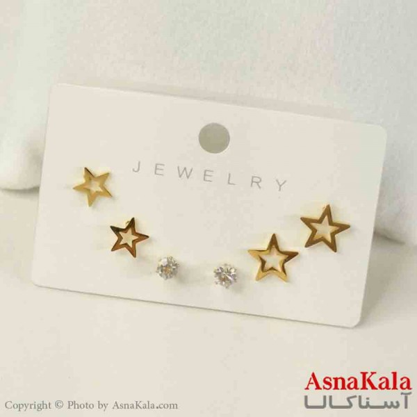 گوشواره زنانه استیل پک 3جفتی مدل ستاره طلایی  کد GSH151445W