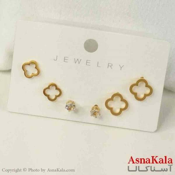 گوشواره زنانه استیل پک 3جفتی مدل گل طلایی  کد GSH151447W