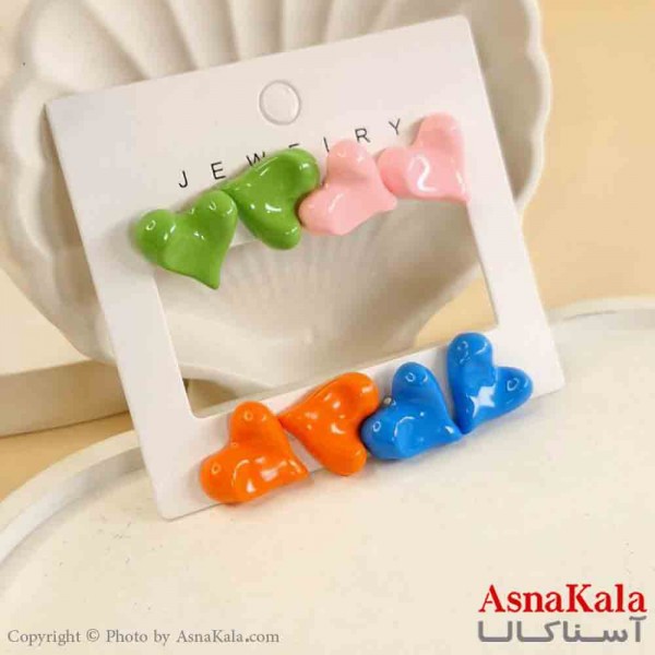 گوشواره زنانه استیل پک 4جفتی مدل قلبی فانتزی  کد GSH151480W