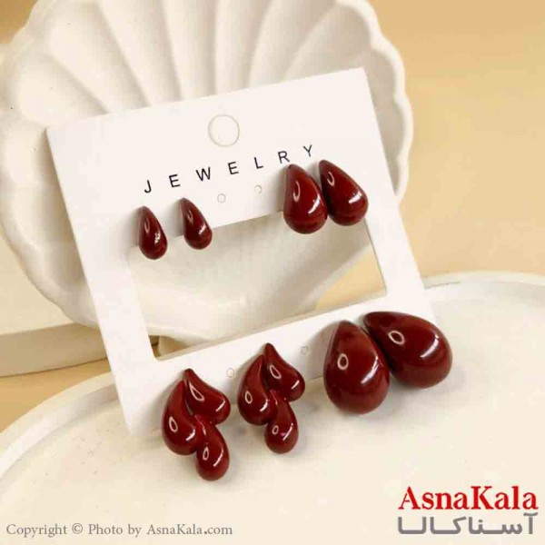 گوشواره زنانه استیل پک 4جفتی مدل اشکی زرشکی  کد GSH151485W