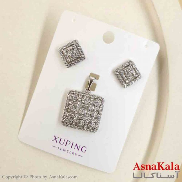 نیم ست زنانه ژوپینگ مدل مربع نگینی شامل گوشواره و گردنبند کد NIM14803W