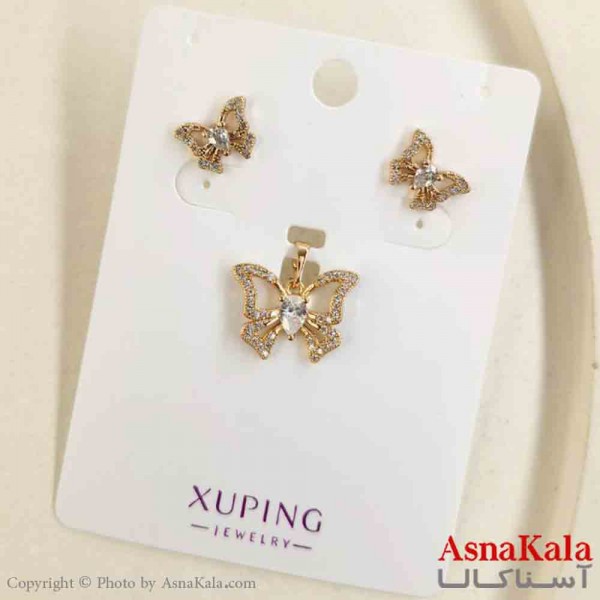 نیم ست زنانه ژوپینگ مدل پروانه نگینی شامل گوشواره و گردنبند کد NIM14830W