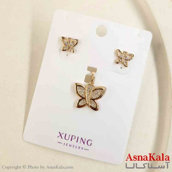 نیم ست زنانه ژوپینگ مدل پروانه طلایی شامل گوشواره و گردنبند کد NIM14831W