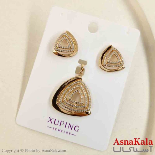 نیم ست زنانه ژوپینگ مدل مثلث طلایی شامل گوشواره و گردنبند کد NIM14842W