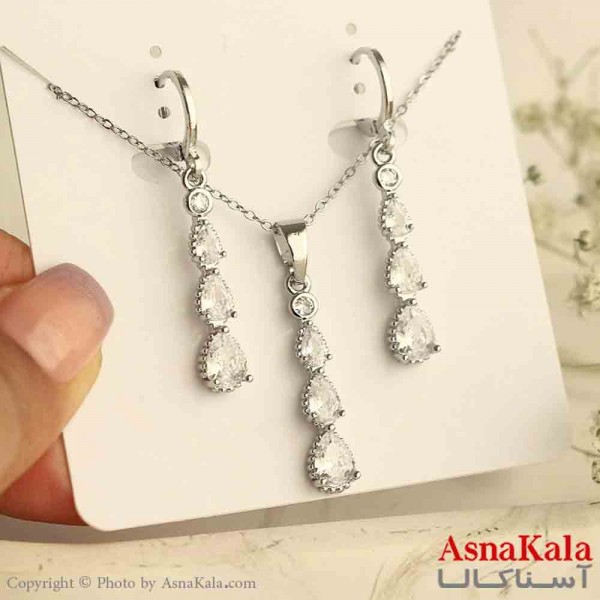 نیم ست زنانه شامل گردنبند و گوشواره استیل مدل اشک نگینی  کد NIM14863W