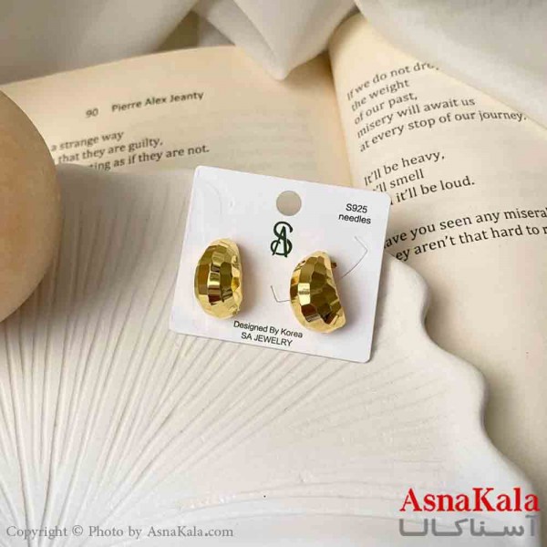 گوشواره  استیل مینیمال زنانه مدل منحنی تراشدار طلایی میخ نقره با آبکاری کد GSH151604W