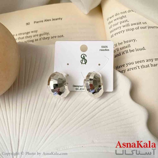 گوشواره  استیل مینیمال زنانه مدل منحنی تراشدار نقره ای میخ نقره با آبکاری کد GSH151605W