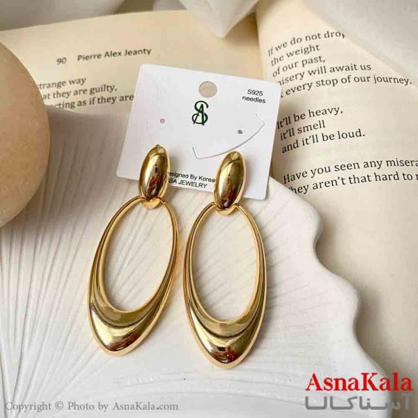 گوشواره  استیل مینیمال زنانه مدل بیضی کشیده میخ نقره با آبکاری درجه یک کد GSH151625W